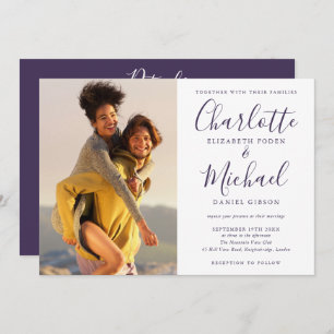 Elegant Purple Script Photo Wedding All In One Invitation