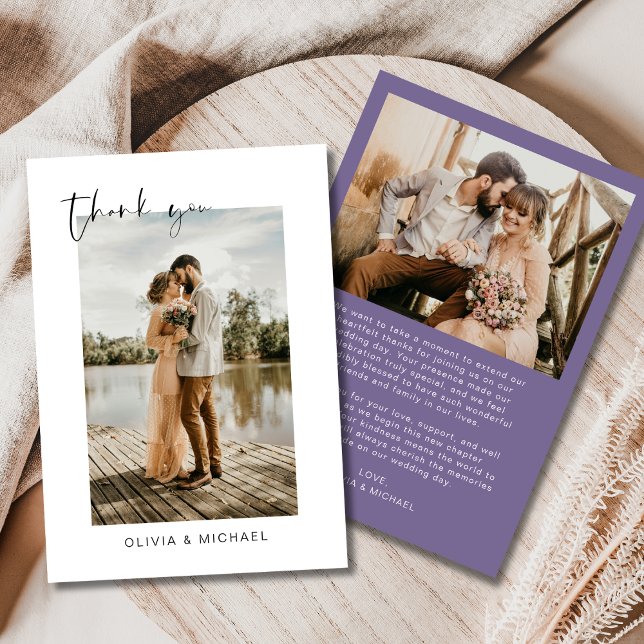 Elegant Purple Script Photo Wedding Thank You Card (Creator Uploaded)