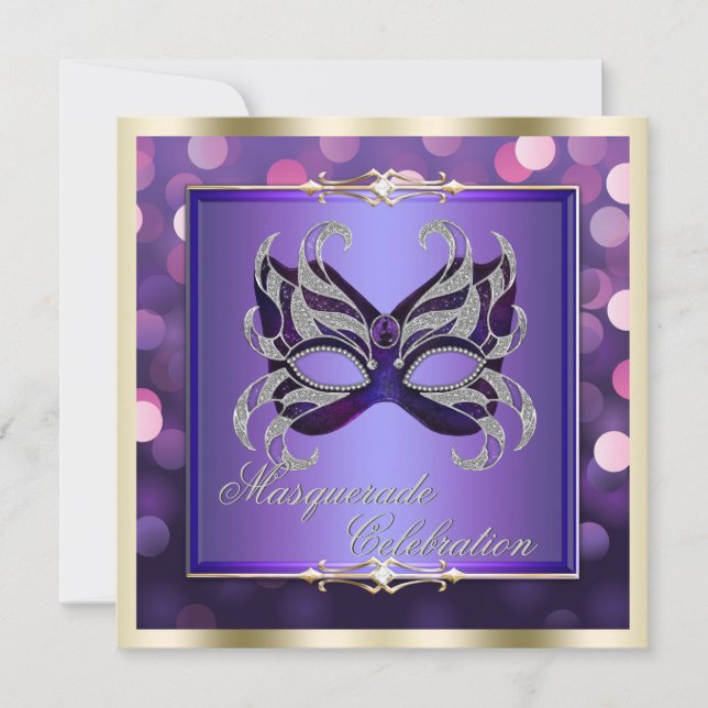 Elegant Purple Shimmering Lights Bokeh Masquerade Invitation (Front)