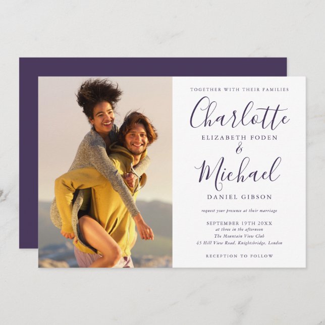 Elegant Purple Signature Script Photo Wedding Invitation (Front/Back)