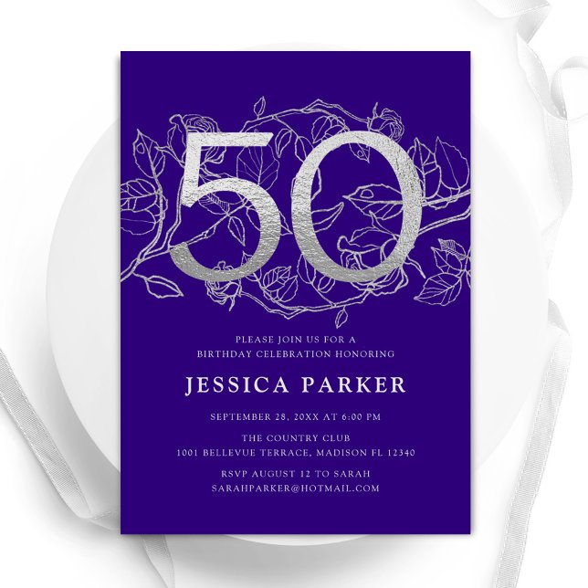 Elegant Purple Silver 50th Birthday Invitation (Creator Uploaded)