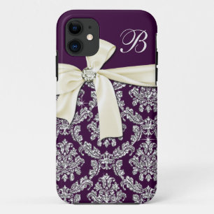 Elegant Purple Silver Damask Diamond Bow Monogram Case-Mate iPhone Case