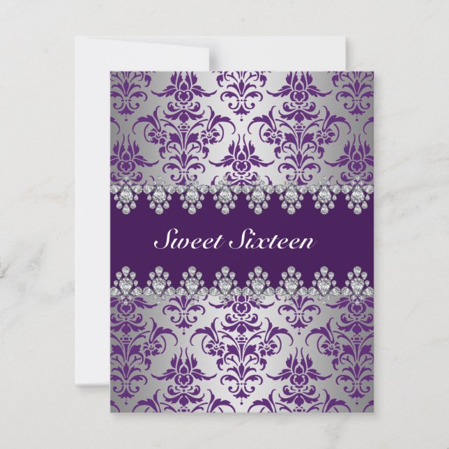 Elegant Purple & Silver Damask Sweet16 Invite (Front)