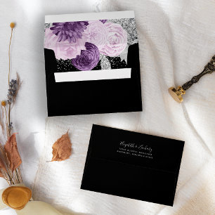Elegant Purple Silver Floral Black Wedding Envelope