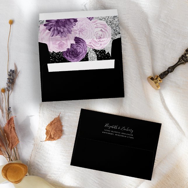 Elegant Purple Silver Floral Black Wedding Envelope (Creator Uploaded)