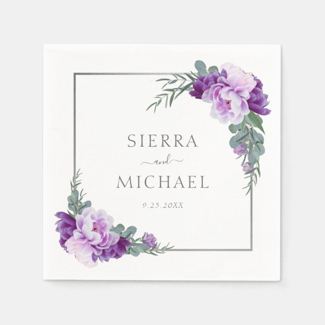 Elegant Purple & Silver Floral Eucalyptus Wedding Napkin (Front)