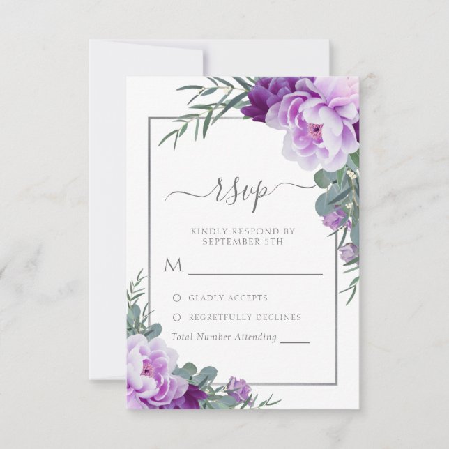 Elegant Purple & Silver Floral Eucalyptus Wedding RSVP Card (Front)