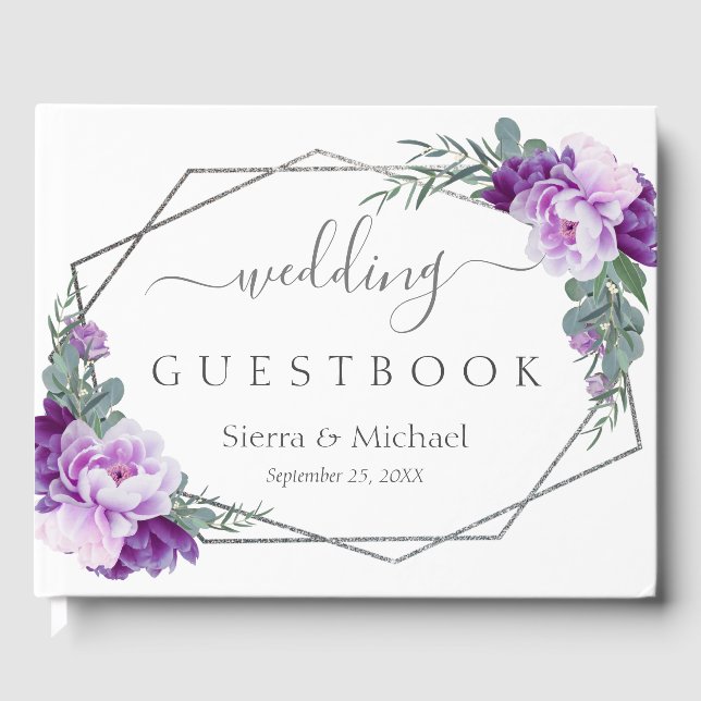 Elegant Purple & Silver Floral Geometric Wedding Guest Book (Front)