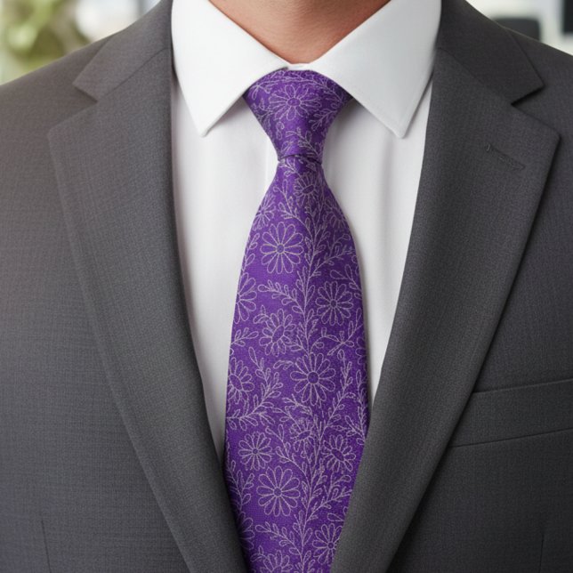 Elegant Purple Silver Floral Pattern Tie (Creator Uploaded)