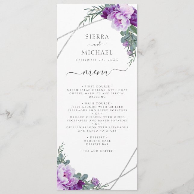 Elegant Purple & Silver Floral Wedding Reception Menu (Front)