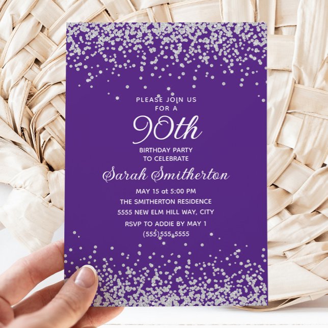 Elegant Purple Silver Glitter Adult 90th Birthday Invitation (Purple with silver glitter 90th birthday party invitation)