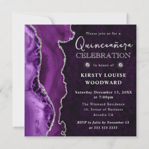 Elegant Purple Silver Glitter Agate Quinceanera Invitation
