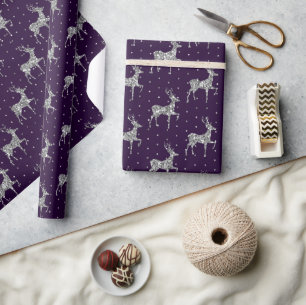 Elegant Purple & Silver Glitter Reindeer Christmas Wrapping Paper