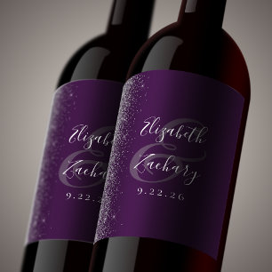 Elegant Purple Silver Glitter Wedding Wine Label