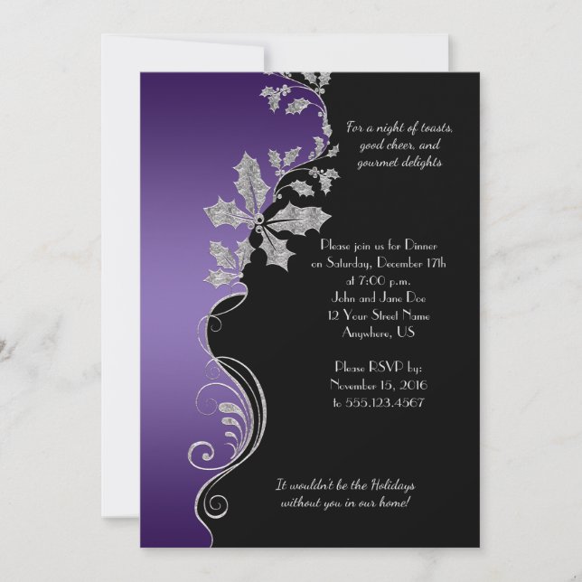Elegant Purple Silver Holly Christmas Party Invitation (Front)