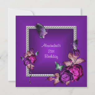 Elegant Purple Silver Jewel Flowers 21st Birthday Invitation