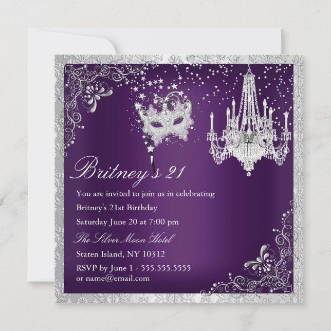 Elegant Purple & Silver Masquerade 21st Invite (Front)