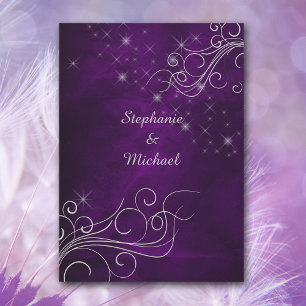 Elegant Purple Silver Star Swirl Wedding Invitation