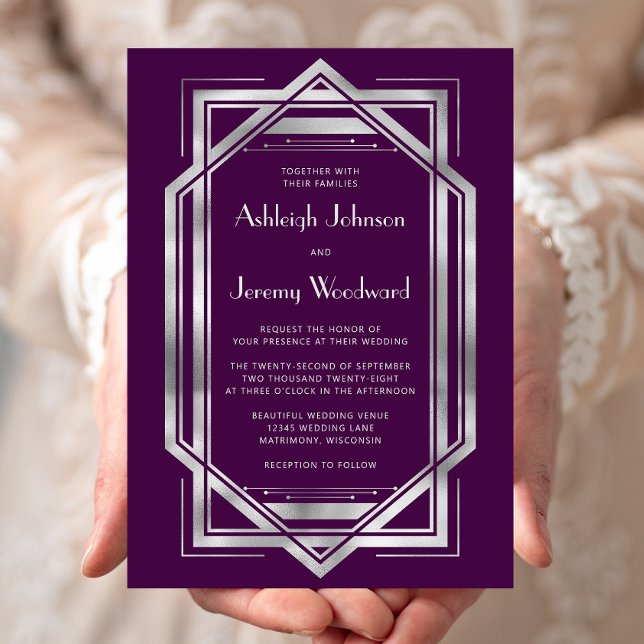Elegant Purple Silver Vintage 1920s Deco Wedding Invitation (Creator Uploaded)
