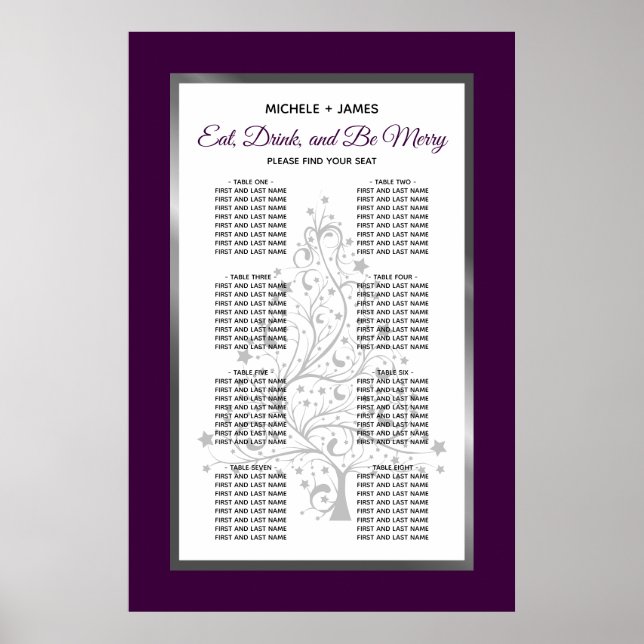 Elegant Purple Silver Wedding Seating Chart (Front)