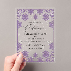 Elegant Purple snowflakes Winter Wedding Acrylic Invitations