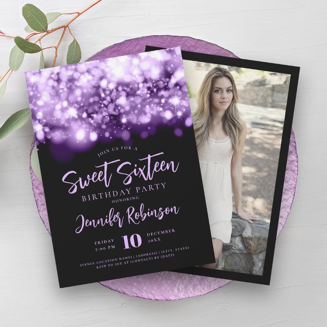 Elegant Purple Sparkle Lights Photo Sweet 16   Invitation (Elegant Purple Sparkle Lights Photo Sweet 16 Invitation)