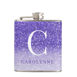 Elegant Purple Sparkle Ombre Glitter Monogram Hip Flask