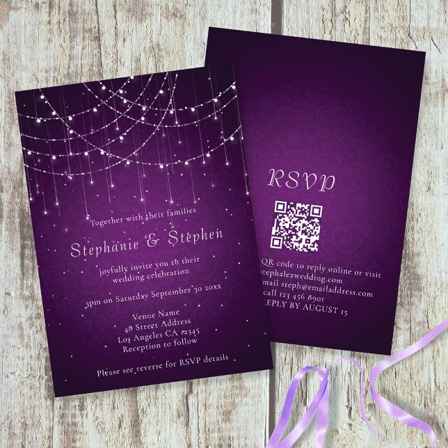 Elegant Purple String Lights QR Code Wedding  Invitation (Creator Uploaded)