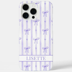 Elegant Purple Striped Coquette Bows Monogrammed iPhone 16 Pro Max Case