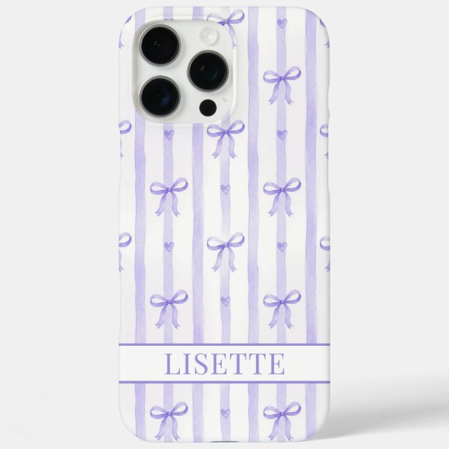 Elegant Purple Striped Coquette Bows Monogrammed Case-Mate iPhone Case (Back)