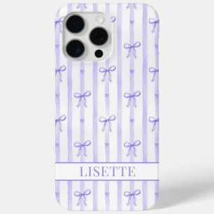 Elegant Purple Striped Coquette Bows Monogrammed iPhone 15 Pro Max Case