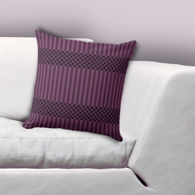 Elegant Purple Stripes & Checkers Pattern Cushion (Elegant Purple Stripes & Checkers Pattern Throw Pillow, Living Room)