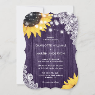 Elegant Purple Sunflower Lace Rustic Wood Wedding Invitation