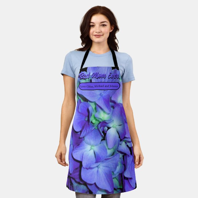 Elegant purple teal floral hydrangeas apron (Worn)