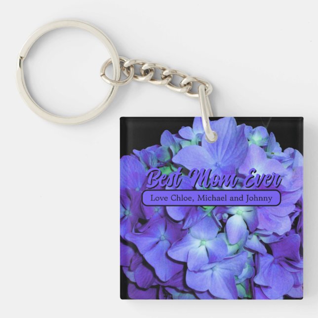 Elegant purple teal floral hydrangeas key ring (Front)