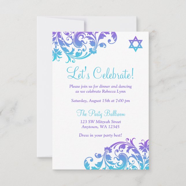Elegant Purple Teal Flourish Bat Mitzvah Reception Invitation (Front)