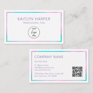 Elegant Purple Teal Foil Frame Logo QR Code Business Card