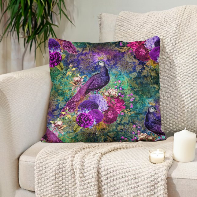 Elegant Purple Teal Peacock Floral Cushion (Elegant purple and emerald green peacock pillow)