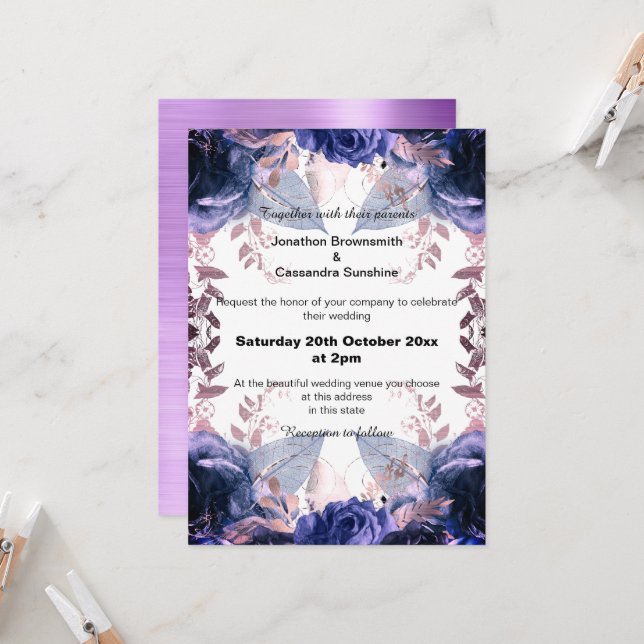 ELEGANT PURPLE TEXTURE FLORAL WEDDING INVITATION (Front/Back In Situ)