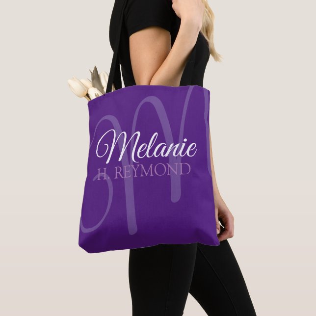 Elegant Purple Tote Bag with Her Name & Initial (Close Up)