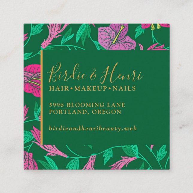 Elegant Purple Tropical Floral on Green Square Business Card (Front)