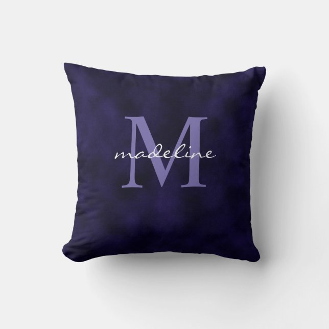 Elegant Purple Velvet Script Monogram Cushion (Front)