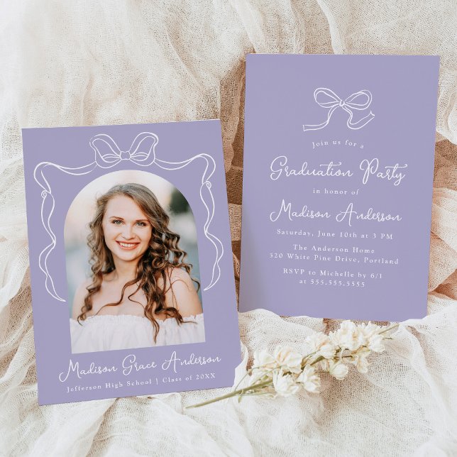 Elegant Purple Vintage Bow Photo Graduation Party Invitation (Creator Uploaded)