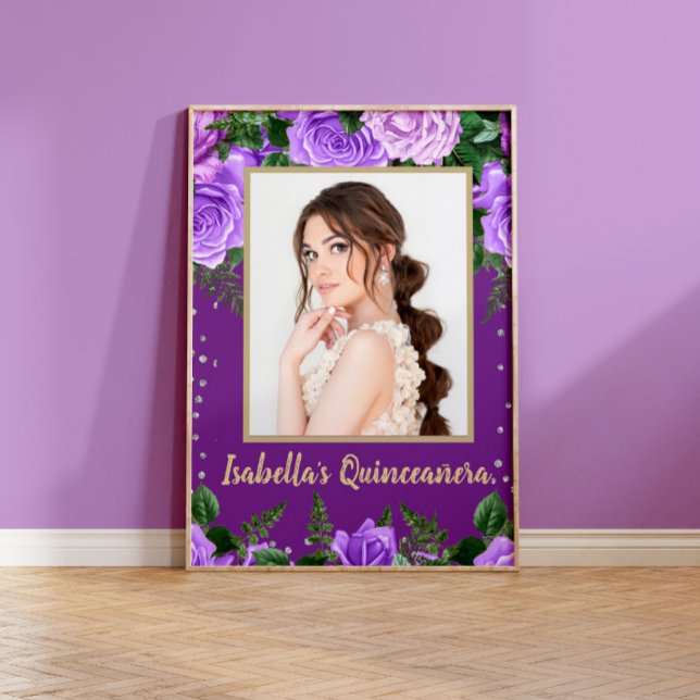 Elegant Purple Vintage Floral Quinceañera Photo  Poster (Creator Uploaded)