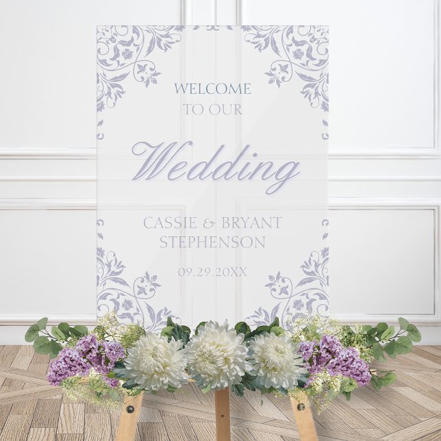 Elegant Purple Vintage Frame Wedding Welcome Acrylic Sign (Elegant purple acrylic transparent welcome sign for vintage formal regency era wedding reception)