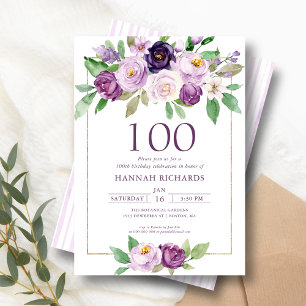 Elegant Purple   Violet Floral 100th Birthday  Invitation