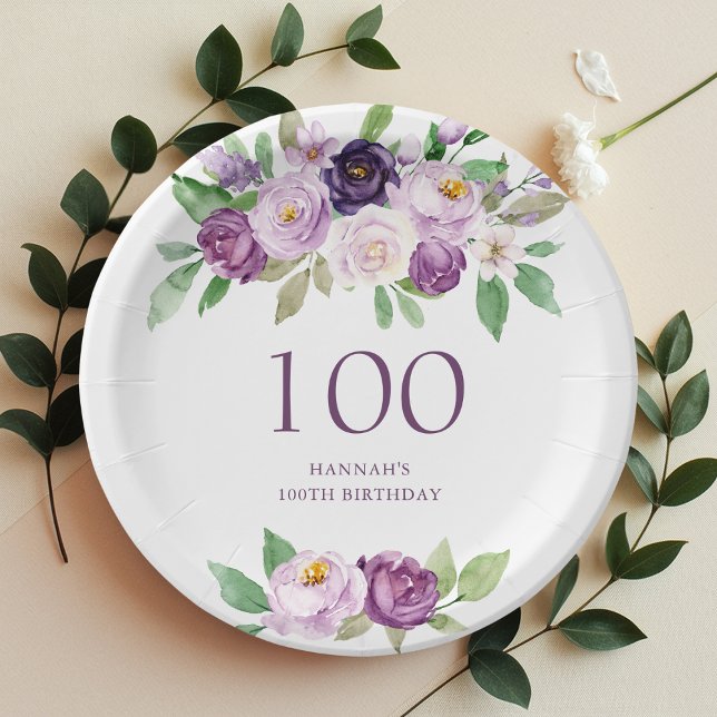 Elegant Purple | Violet Floral 100th Birthday  Paper Plate (Creator Uploaded)