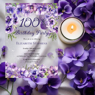 Elegant Purple Violet Floral 100th Birthday Party  Acrylic Invitations