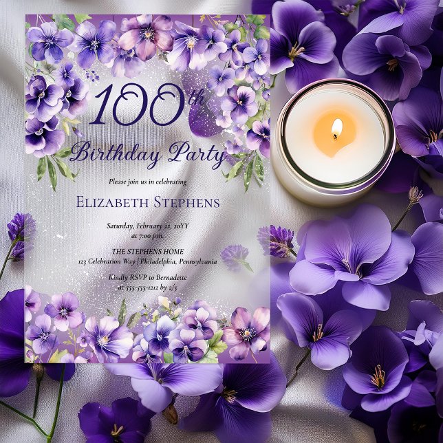 Elegant Purple Violet Floral 100th Birthday Party  Acrylic Invitations (Elegant Purple Violets Floral 100th Birthday Party Acrylic Invitations)