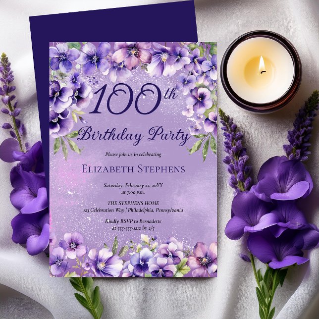 Elegant Purple Violet Floral 100th Birthday Party  Invitation (Elegant Purple Violets Floral 100th Birthday Party Invitation)